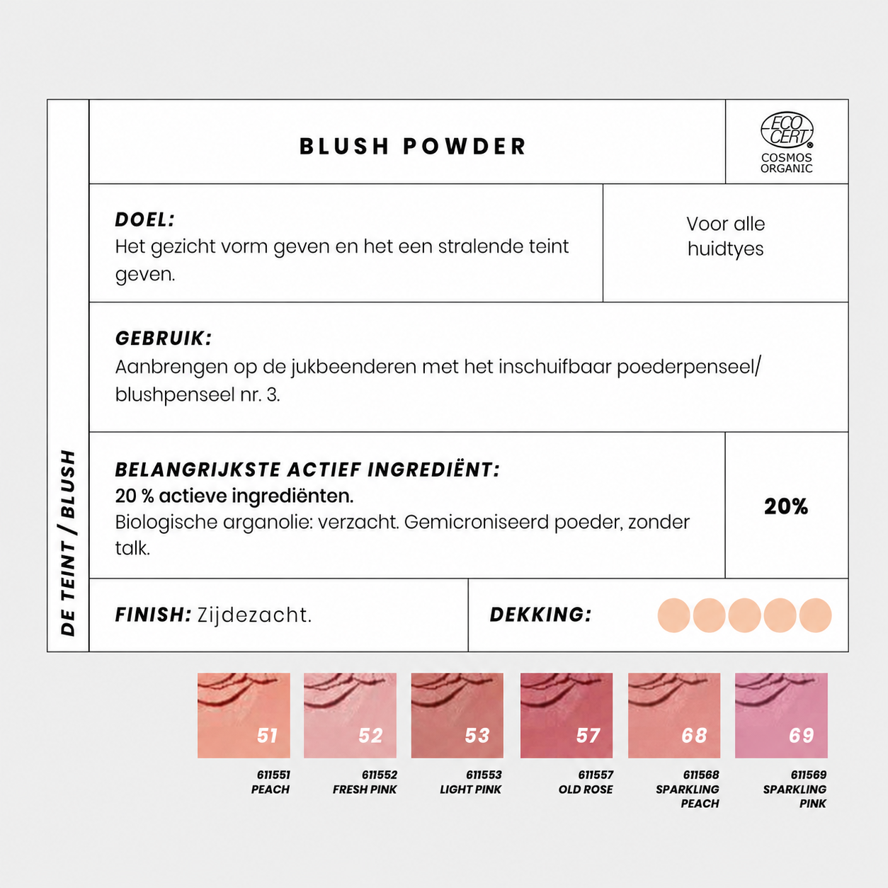 Deze bio blush is in er in diverse prachtige tinten. Je kunt kiezen uit een felle frisse blush, of een meer natuurlijke blush kleur.