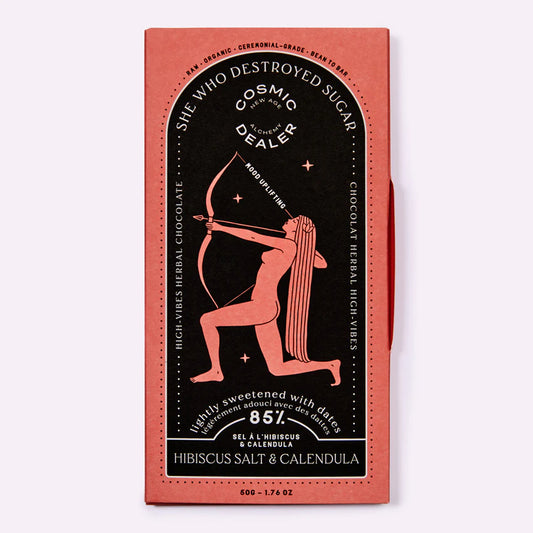 85% rauwe pure chocolade met hibiscusbloemen en calendulablaadjes die je stemming verhoogt.