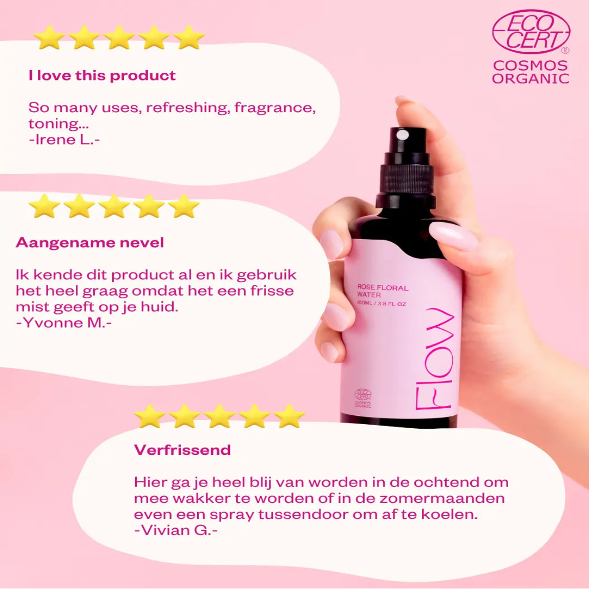 Rose Floral Water Face Mist Gezichtsspray Rozenwater-Flow Cosmetics