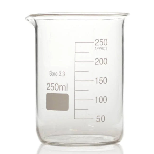Hoge kwaliteit hittebestendig borosilicaat glas met maataanduiding. Perfect voor het bereiden van de Flow haarspoelingen.