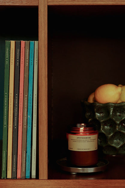 Bougie parfumée Apothisoeurs Zeste d’Agrumes et Bois Sec dans une bibliothèque