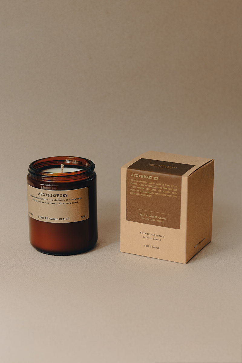 Apothisoeurs scented candle Iris and Light Amber with its box