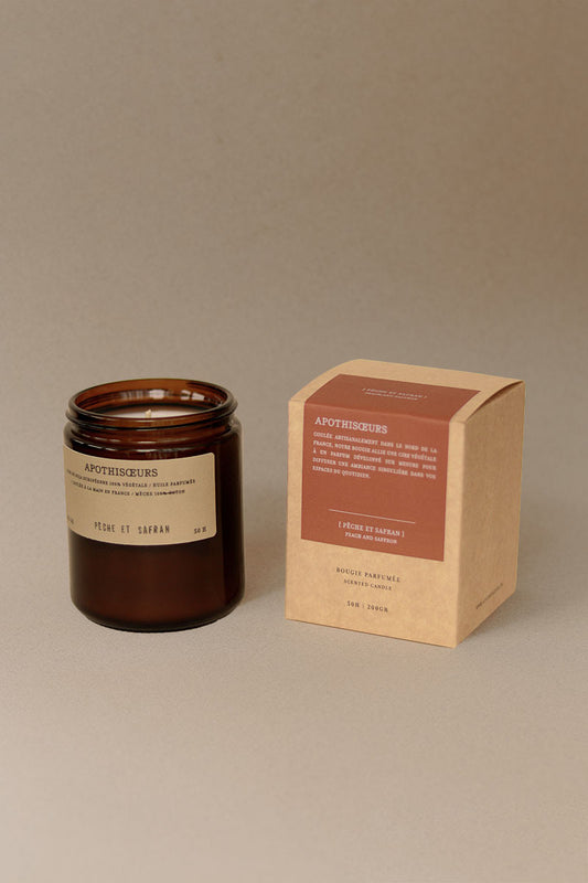 Bougie parfumée Apothisoeurs Pêche et Safran avec sa boîte
