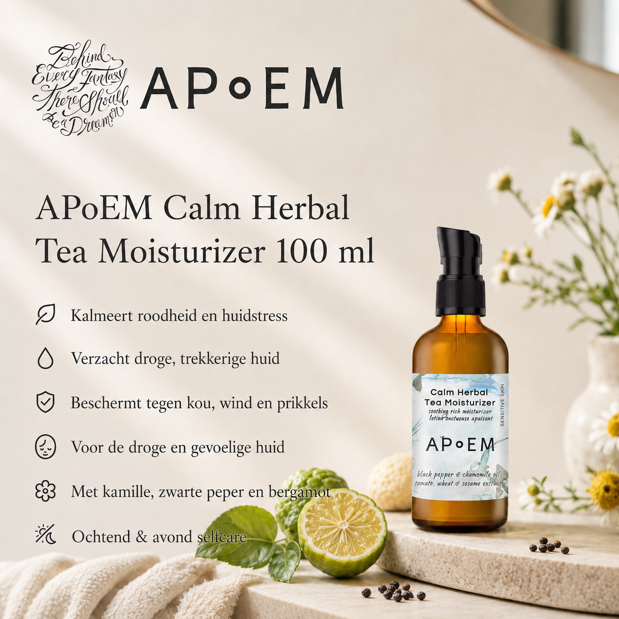 APoEM Moisturizer Calm Herbal Tea ondersteunt kalm selfcare ritueel