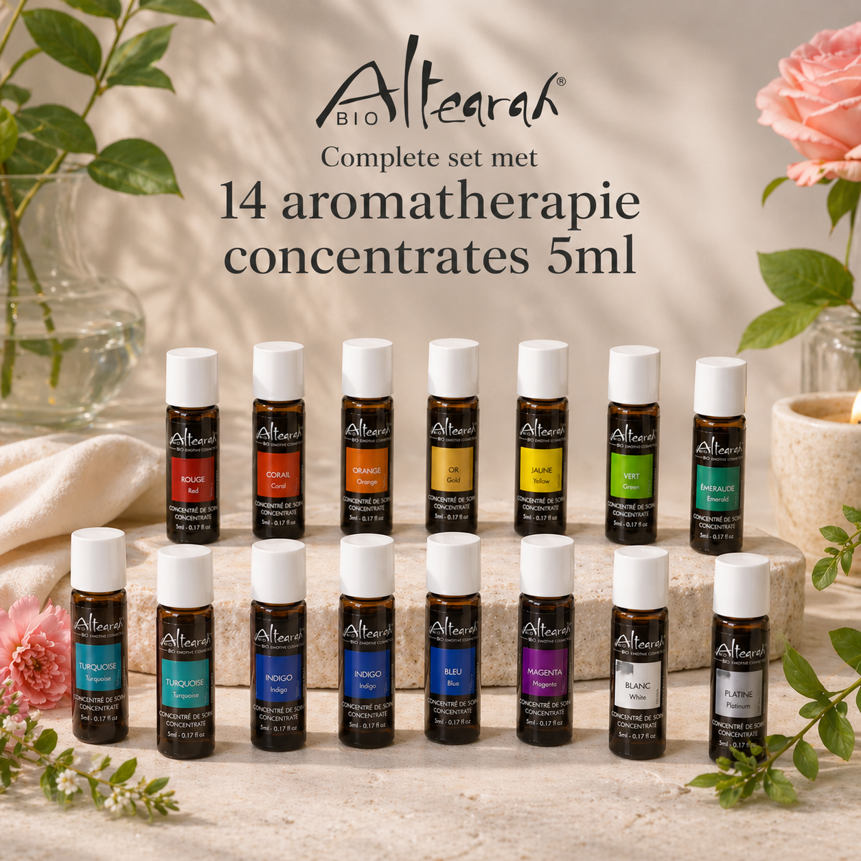 Altearah box met 14 aromatherapie concentrates 5 ml set met alle kleuren en geuren voor balans, energie en emotioneel welzijn in luxe natuurlijk sfeerbeeld