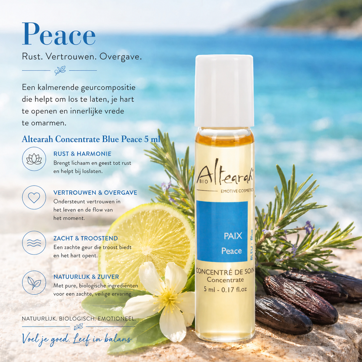Altearah Blue Peace concentrate 5 ml met limoen en rozemarijn aan zee rustgevend sfeerbeeld