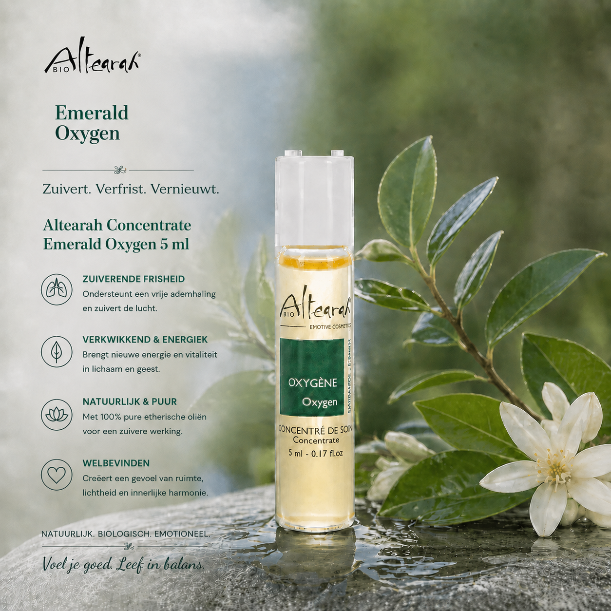 Altearah Emerald Oxygen Concentrate 5 ml in fris groen botanisch sfeerbeeld voor zuiverheid 