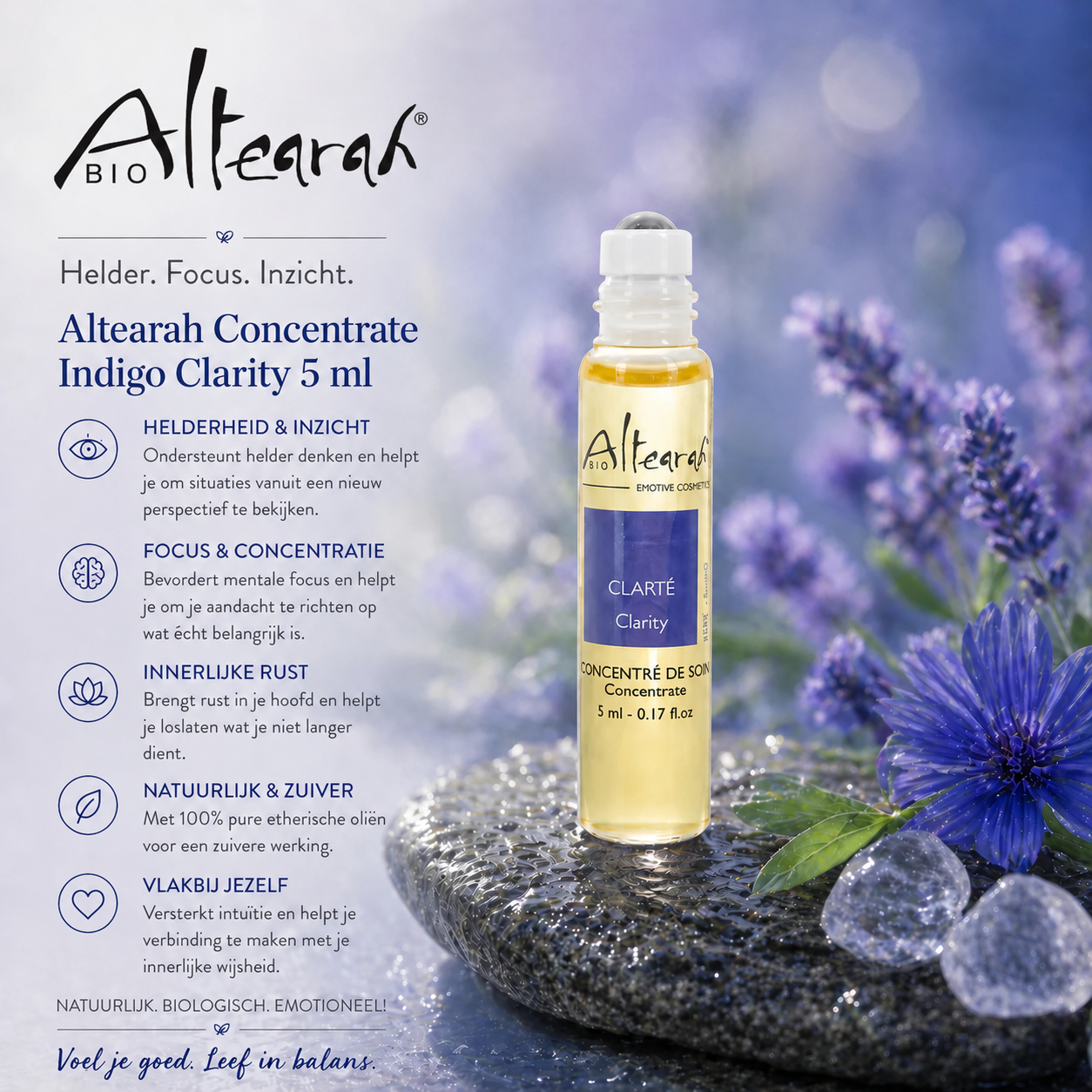 Altearah Concentrate Indigo Clarity 5 ml roll-on met lavendel en waterdruppels, rust en focus sfeerbeeld