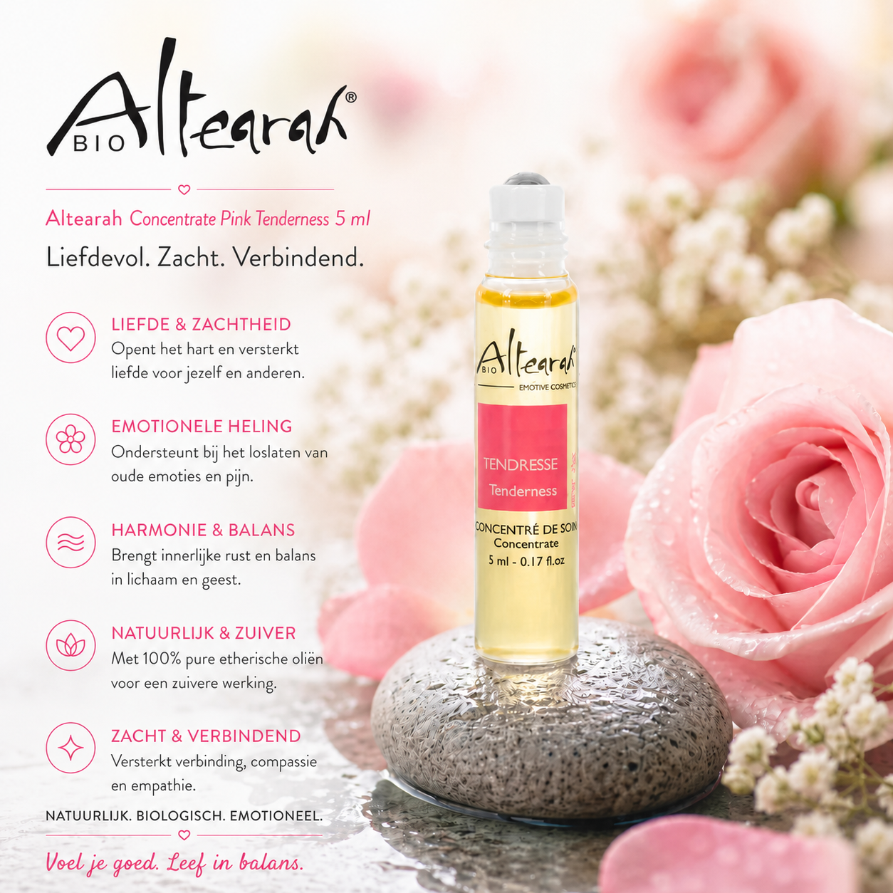 Altearah Concentrate Pink Tenderness 5 ml roll-on met rozen en zachte bloemen, liefdevol rustgevend sfeerbeeld