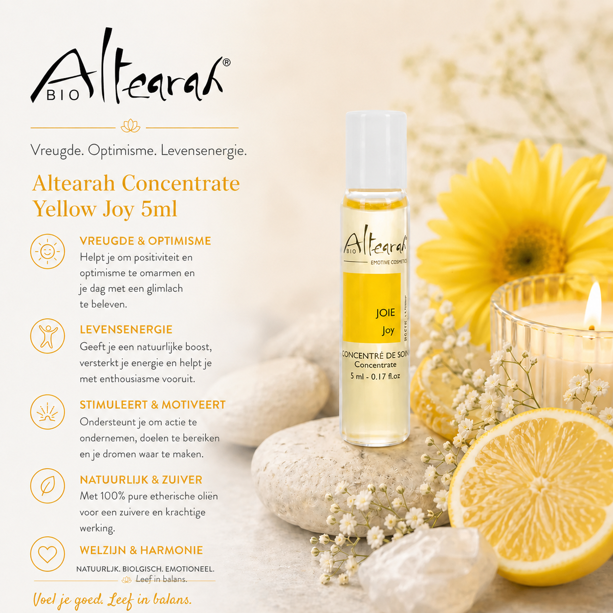 Altearah Yellow Joy concentrate 5 ml roller stimuleert positiviteit, levensenergie en optimisme met natuurlijke essentiële oliën 