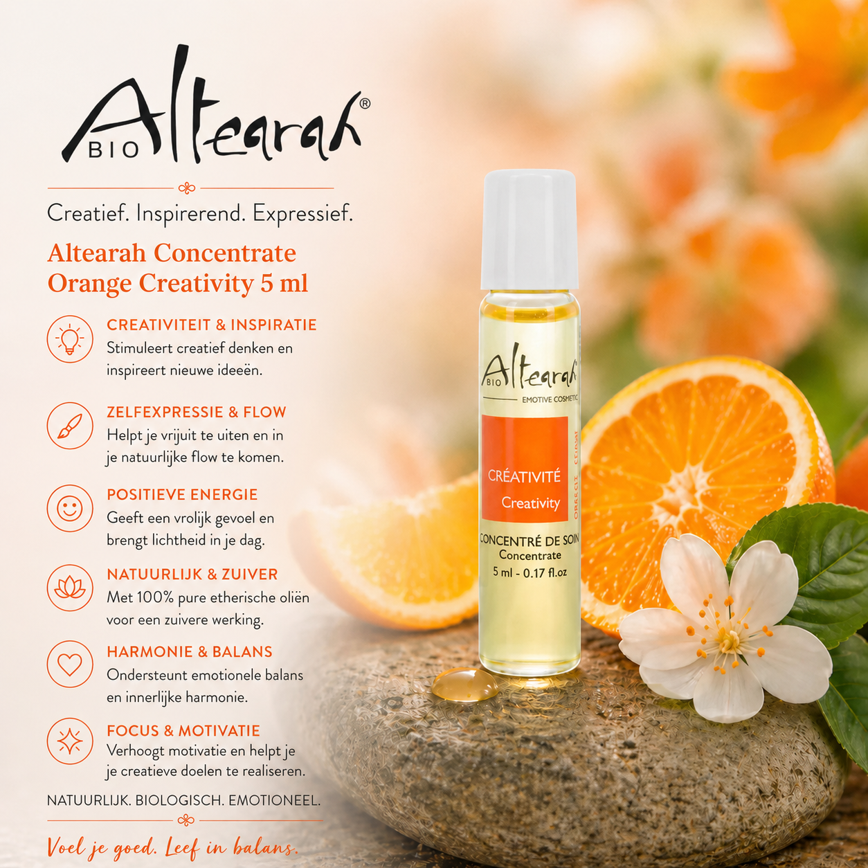Altearah Concentrate Orange Creativity 5 ml roll-on met sinaasappel en bloem, warm creatief energie sfeerbeeld