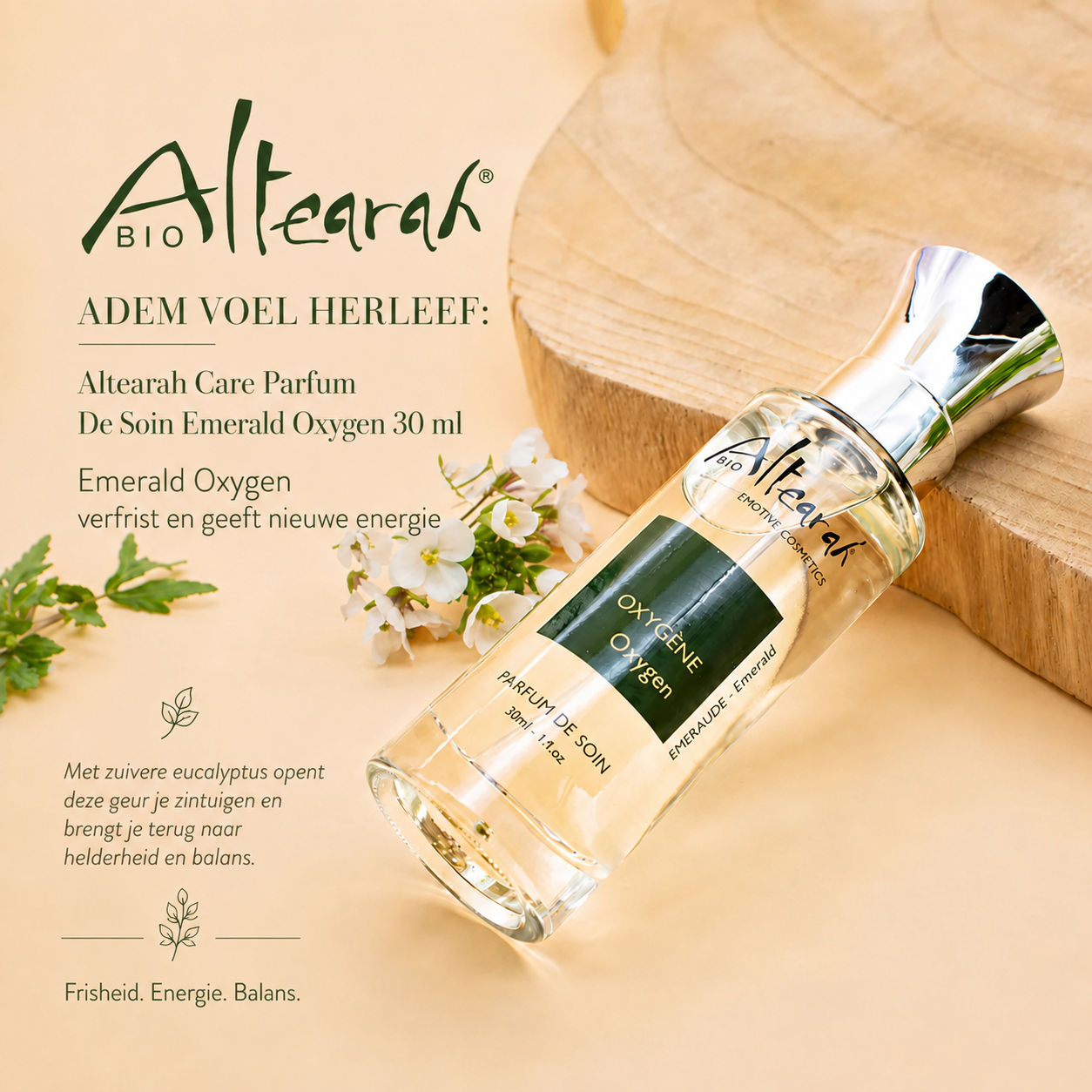 Altearah Emerald Oxygen parfum close-up met frisse eucalyptus.