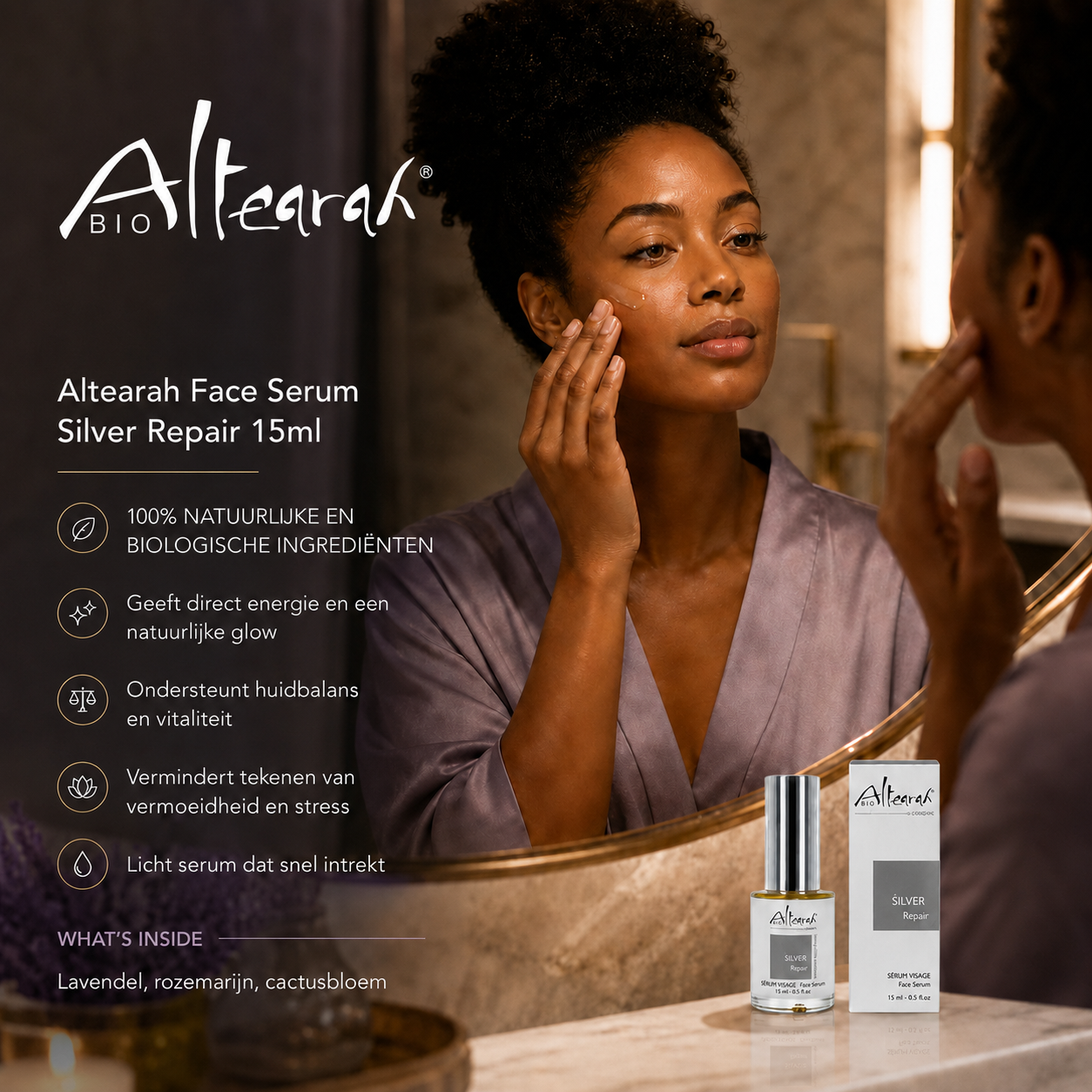 Altearah Face Serum Silver Repair 15 ml herstelt, kalmeert en beschermt de huid met biologische ingrediënten voor een zachte, gehydrateerde en gebalanceerde uitstraling