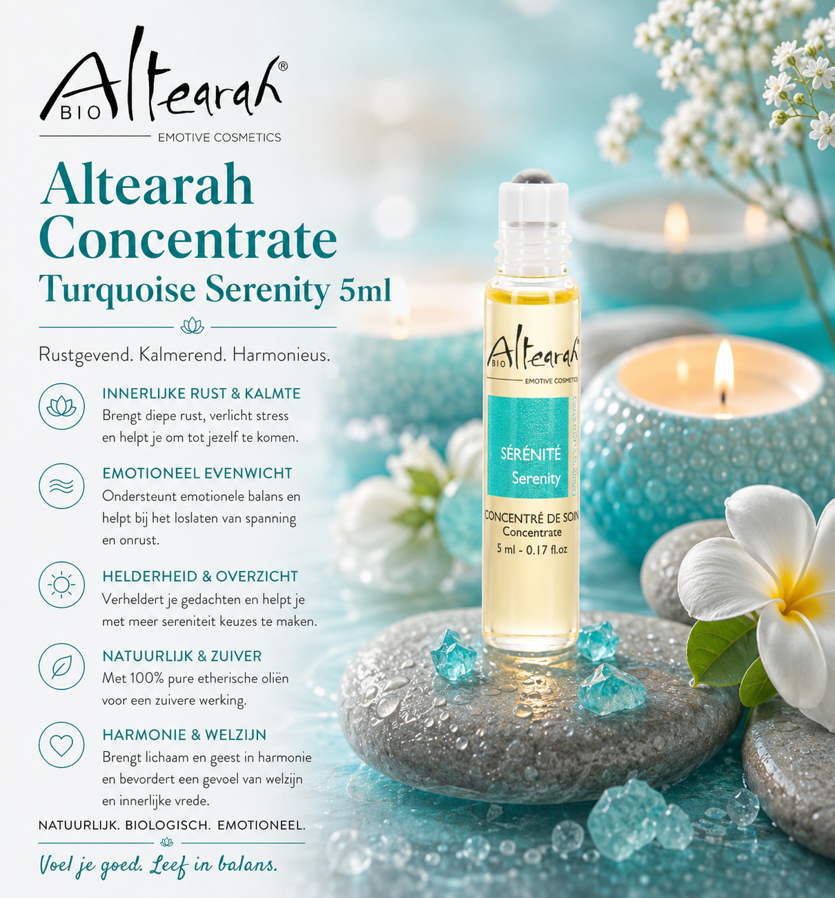 Altearah Face Serum Turquoise Serenity 15 ml kalmeert, ontspant en herstelt de huid en ondersteunt innerlijke rust en balans met biologische ingrediënten
