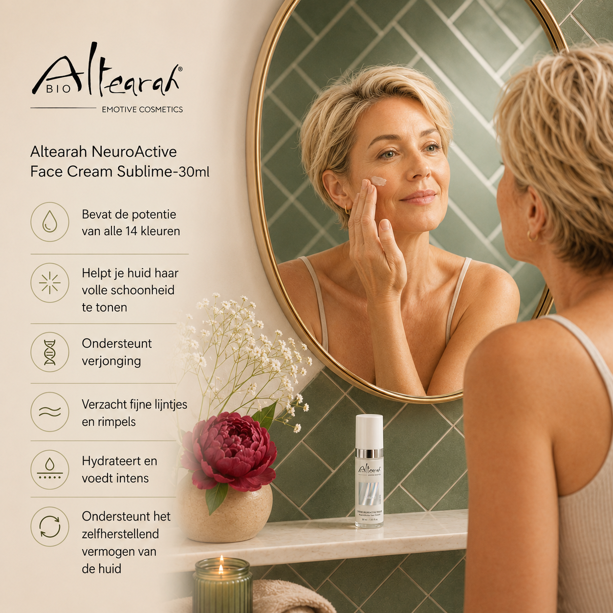 Altearah Gezichtscrème Sublime sfeerbeeld toont luxe ochtendritueel in de badkamer voor stralende huid.