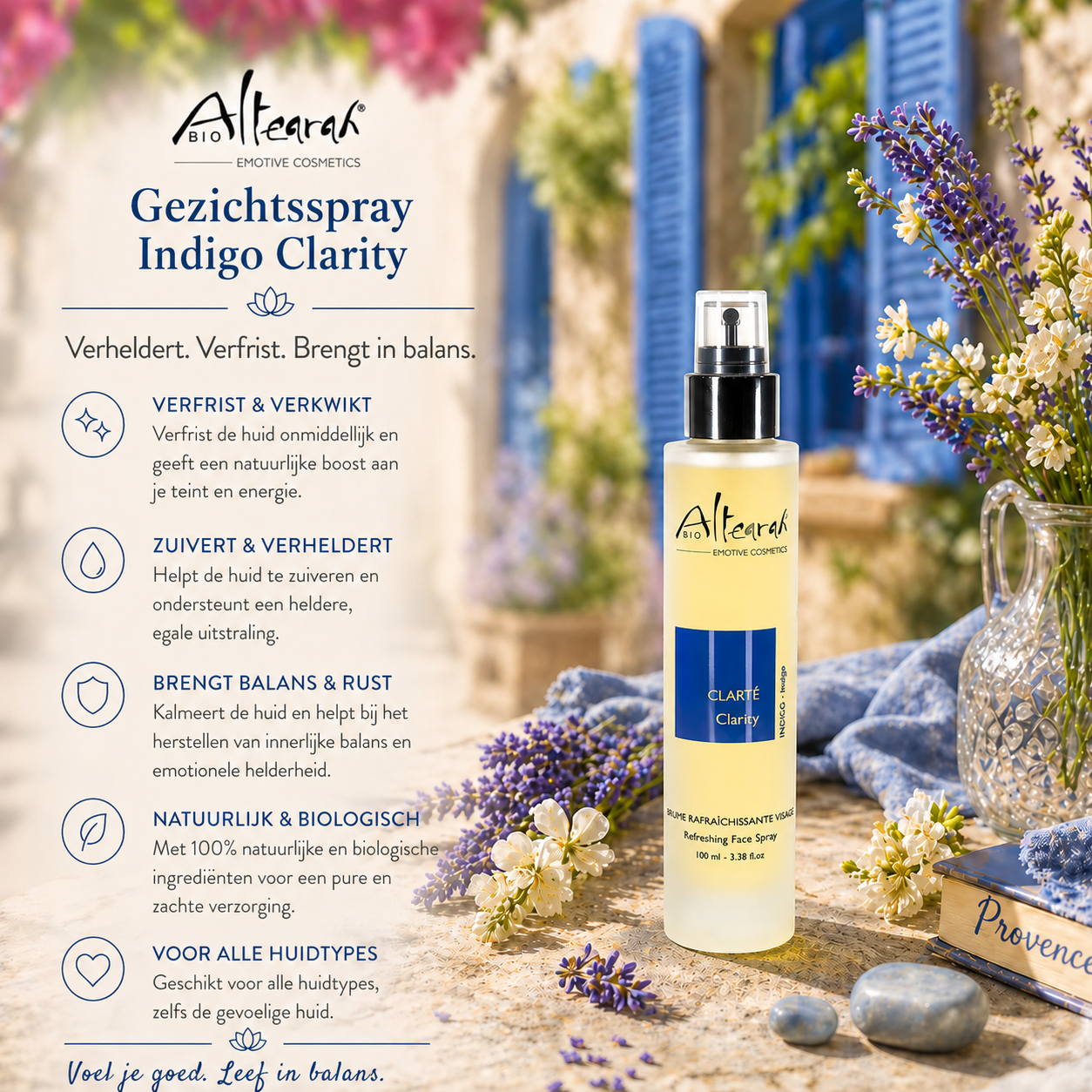 Altearah Gezichtsspray Indigo Clarity 100 ml verfrist, zuivert en brengt de huid en geest in balans met biologische ingrediënten.