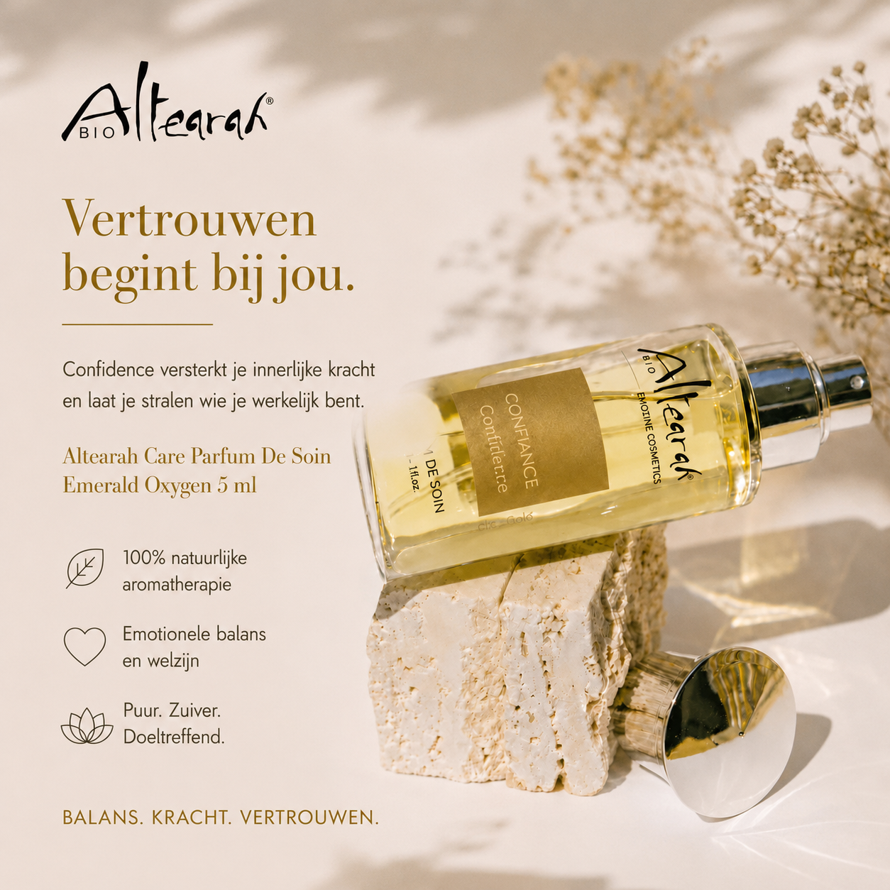 Altearah Gold Confidence parfum versterkt zelfvertrouwen en innerlijke kracht met warme houttonen en aromatherapie