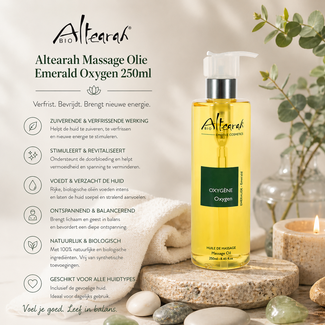 Altearah Massage Olie Emerald Oxygen 250 ml verfrist, stimuleert en ontspant het lichaam met biologische oliën 