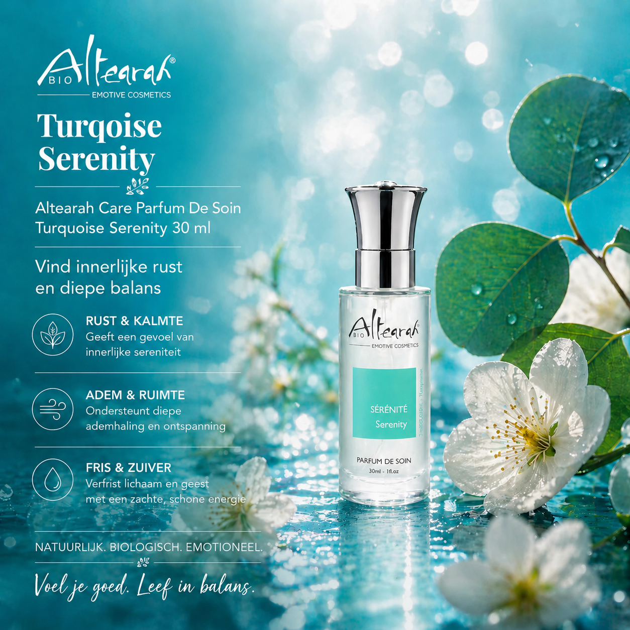 Altearah Turquoise Serenity 30 ml parfum de soin sfeerbeeld met bloemen en water