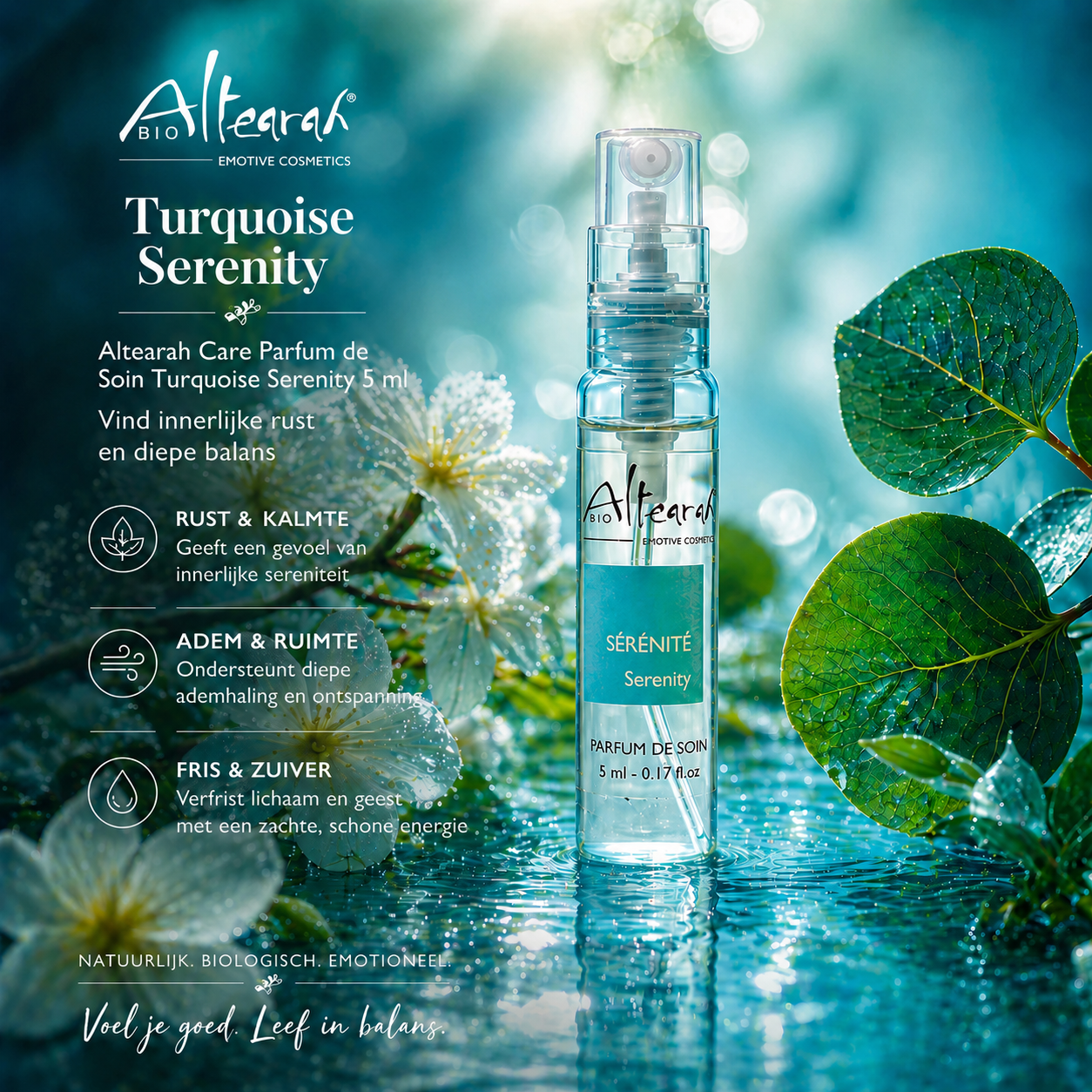 Altearah Turquoise Serenity 5 ml parfum de soin sfeerbeeld met bloemen en water