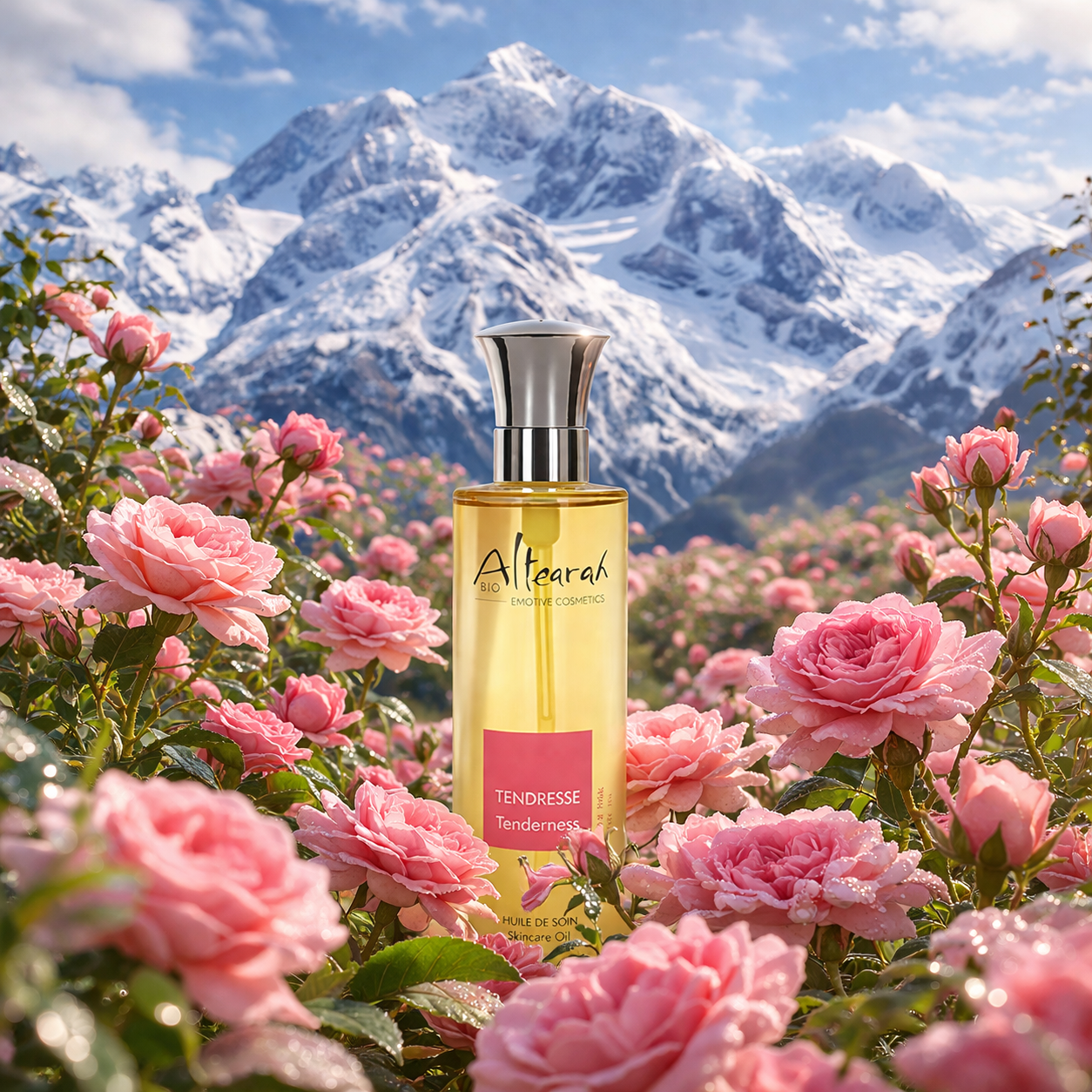 Altearah Pink Tenderness olie tussen roze rozen met bergen op achtergrond rustgevend verzorgingsmoment en zachtheid