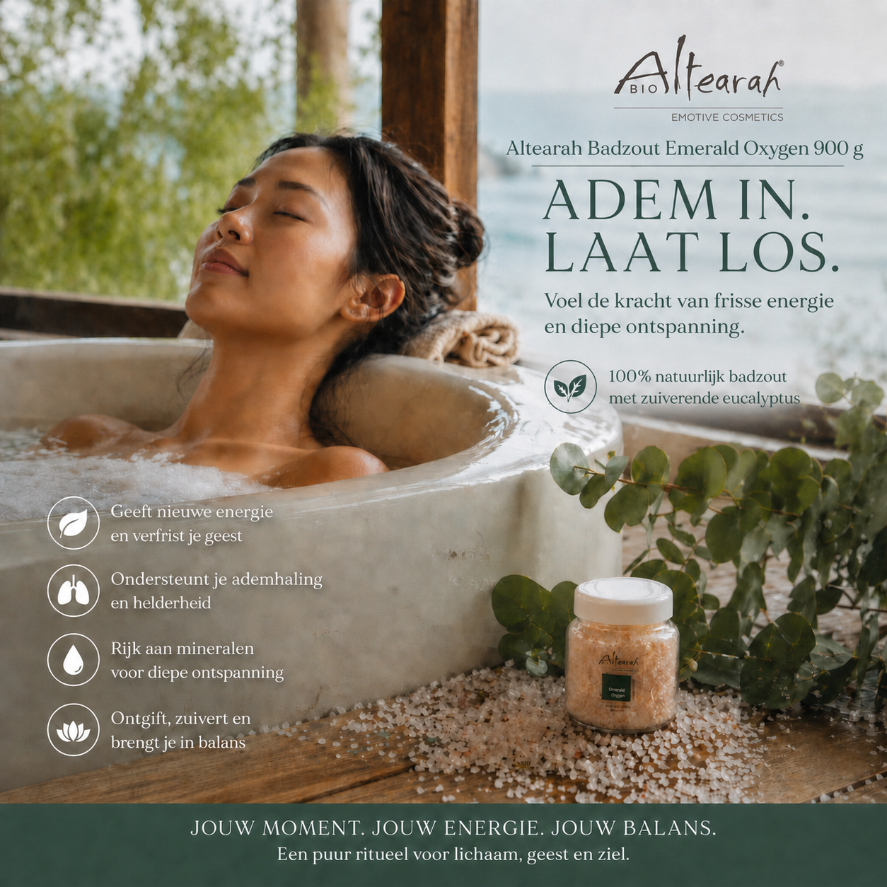 Altearah Badzout Emerald Oxygen voor een natuurlijk spa ritueel dat frisse energie, diepe ontspanning en zuiverende eucalyptus samenbrengt.