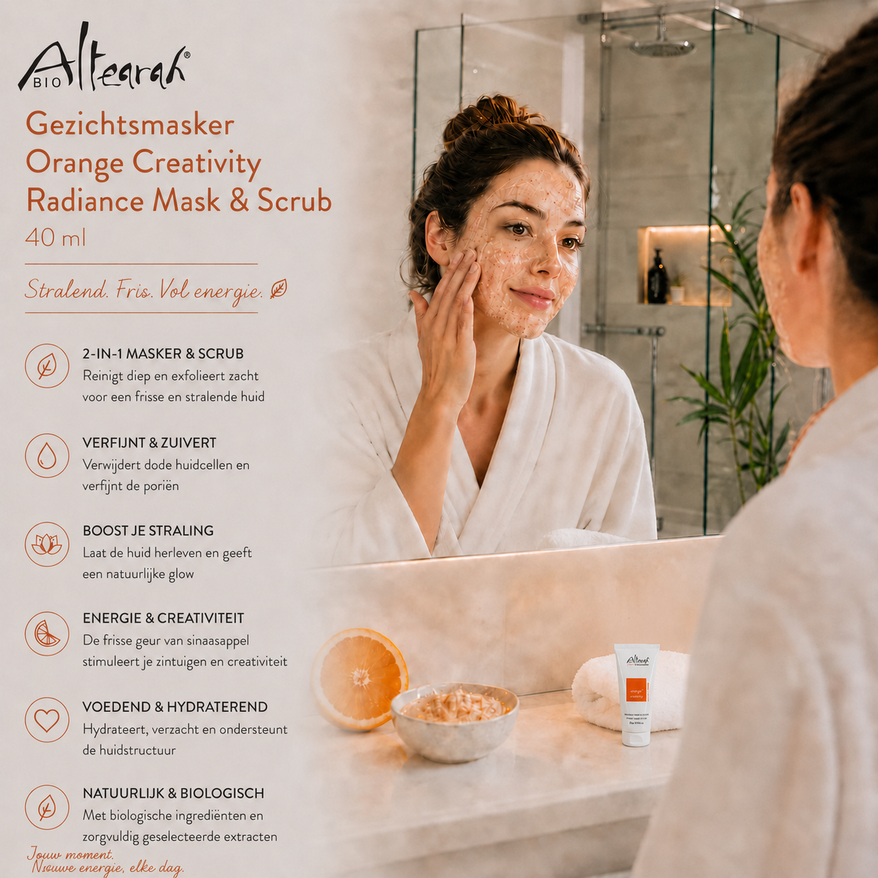 Altearah gezichtsmasker Orange Creativity Radiance Mask en Scrub, sfeerbeeld in badkamer