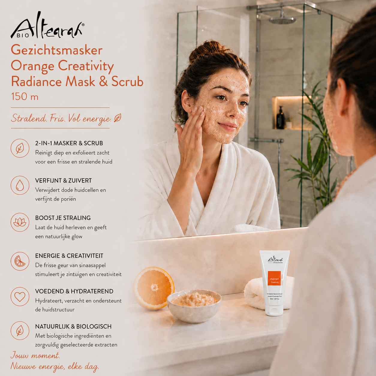 Altearah Radiance Mask en Scrub Orange Creativity 150ml vrouw brengt gezichtsmasker aan in luxe badkamer voor stralende huid