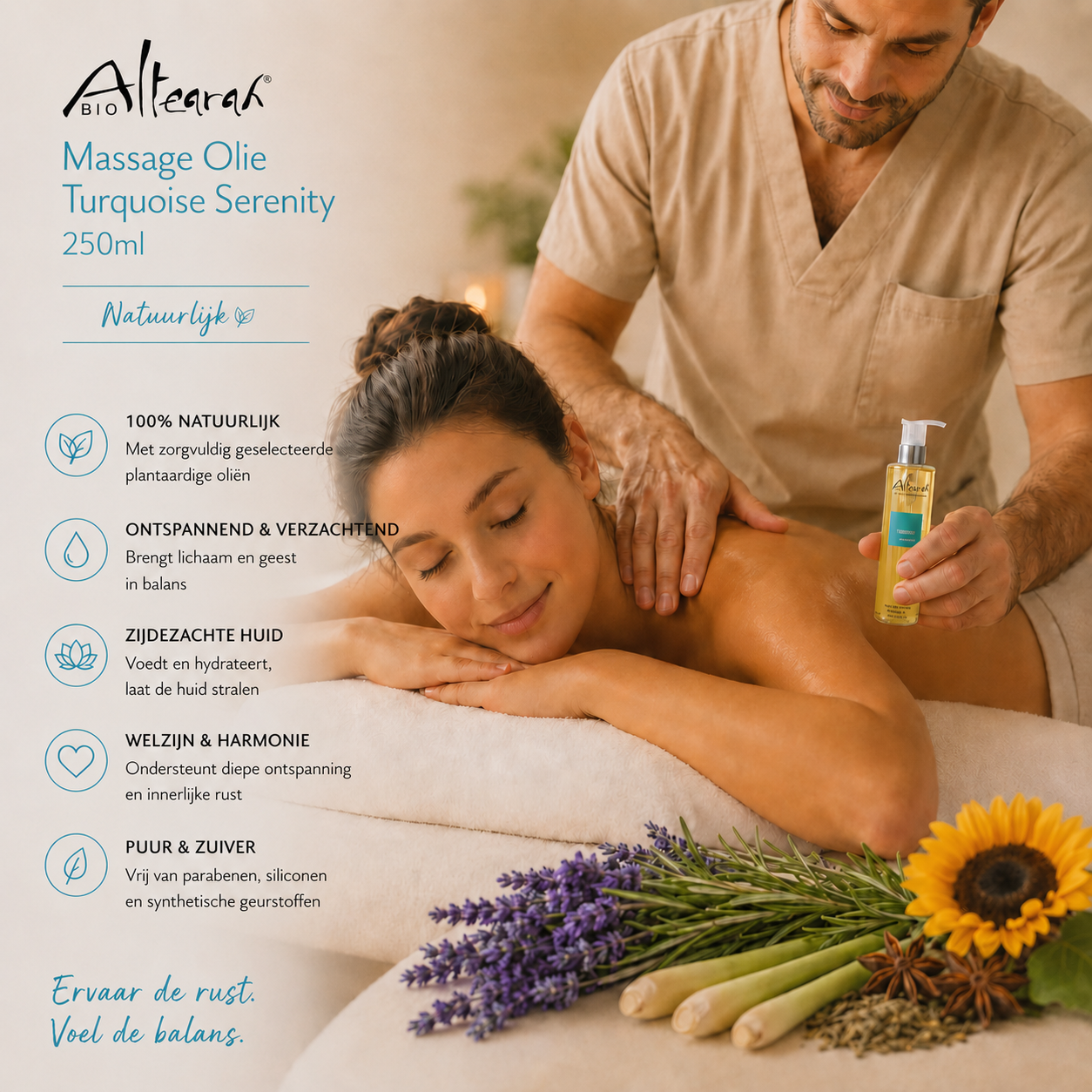 Massage olie Turqoise Serenity, 100% natuurlijk, ontspannend en verzachtend, genieten.
