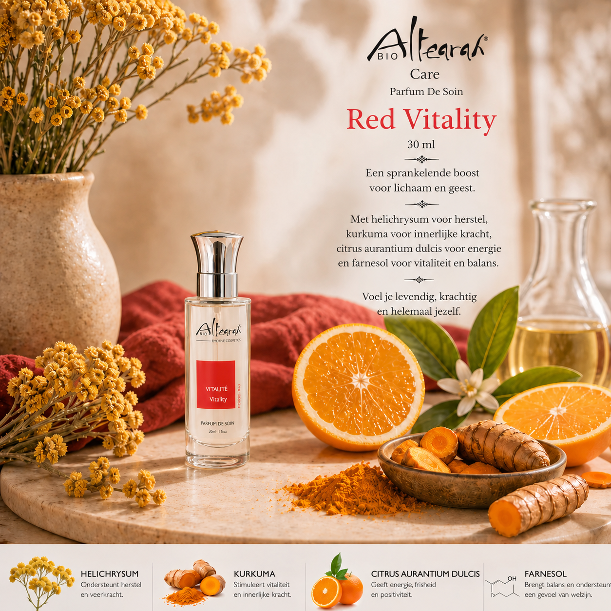 Altearah parfum Red Vitality versterkt energie, vitaliteit en innerlijke kracht met krachtige aromatherapie beleving