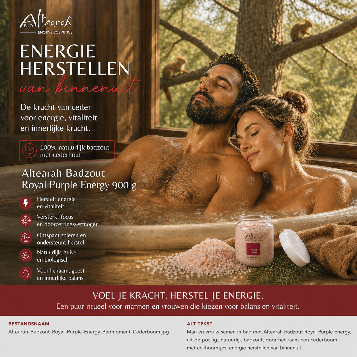 Man en vrouw ontspannen samen in bad met Altearah Royal Purple Energy badzout cederboom uitzicht en open pot mineraalzout