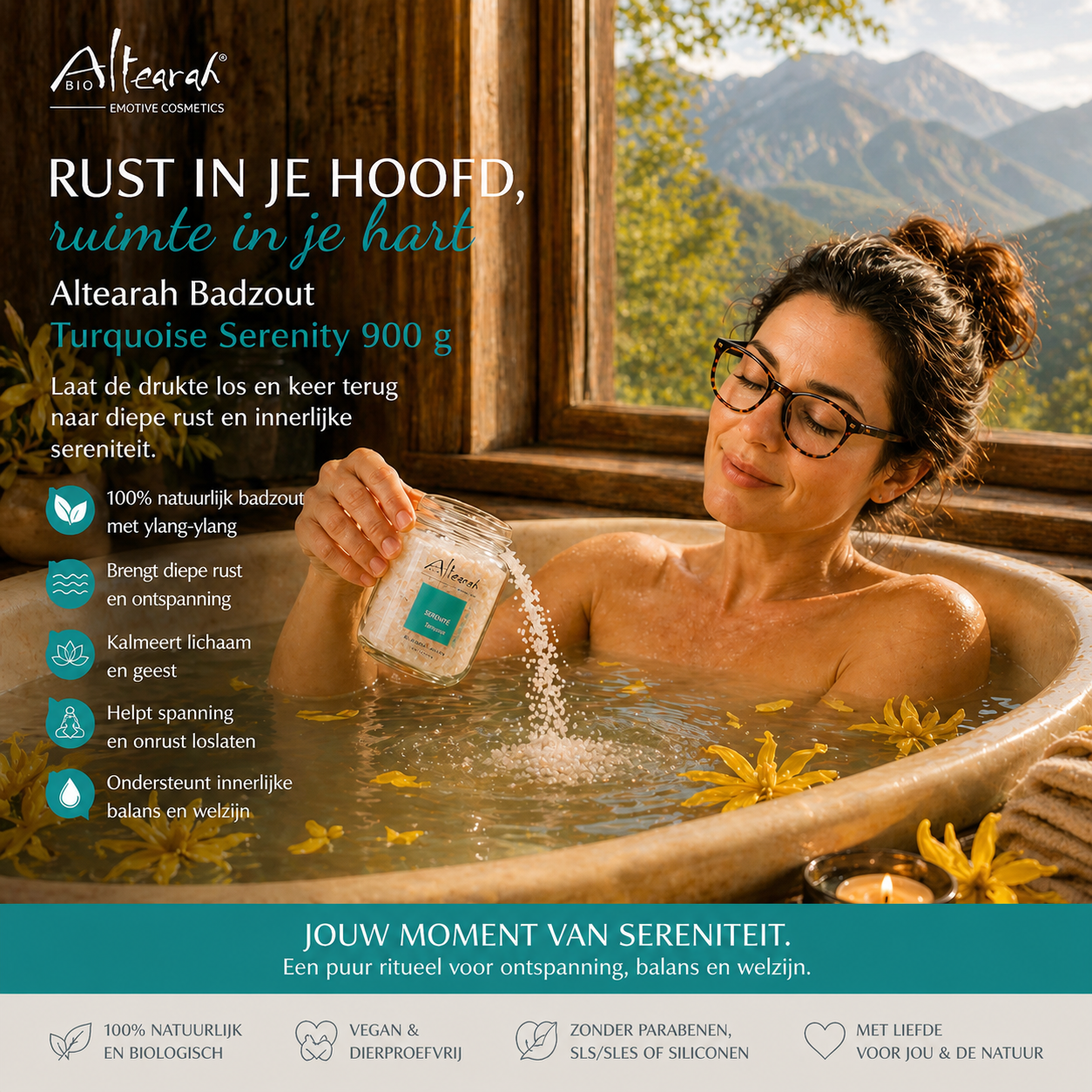 rouw  ontspant in bad met Altearah Turquoise Serenity badzout ylang ylang bloemen bergen uitzicht zout in bad