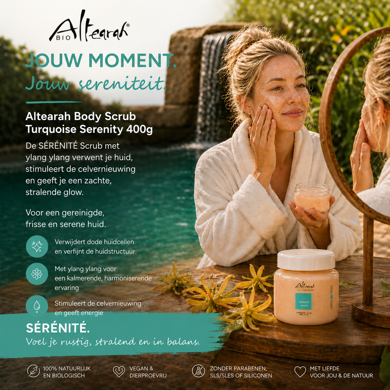 Vrouw gebruikt Altearah Turquoise Serenity scrub met ylang ylang voor rustige stralende huid
