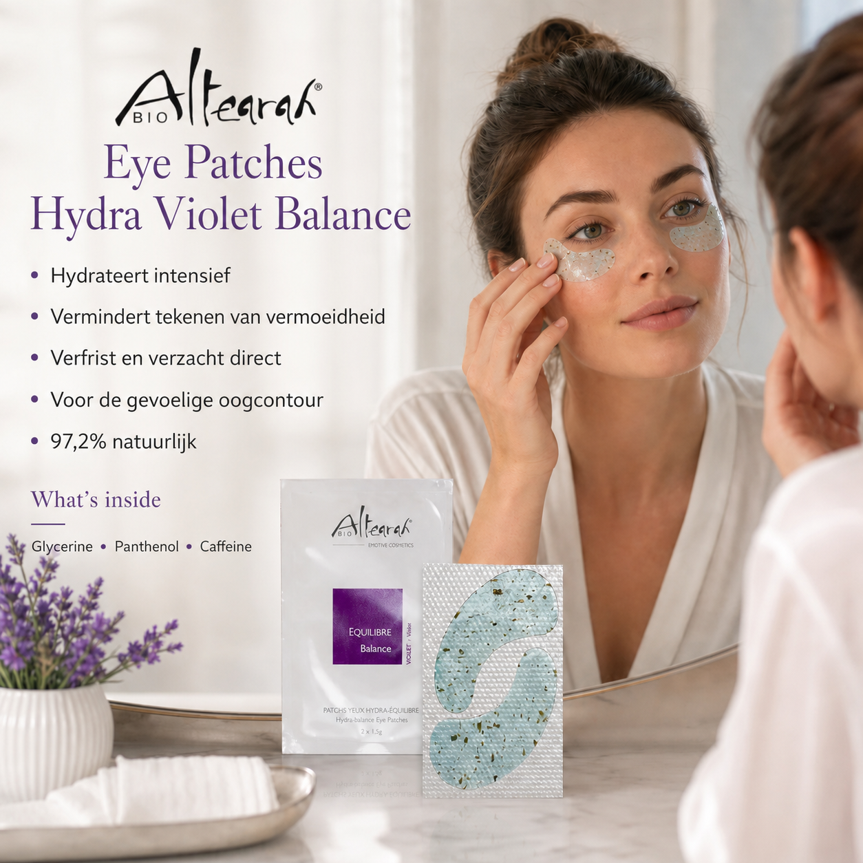Altearah Eye Patches Hydra Violet Balance voor frisse, gehydrateerde en zichtbaar uitgeruste ogen tijdens een luxe skincare ritueel.