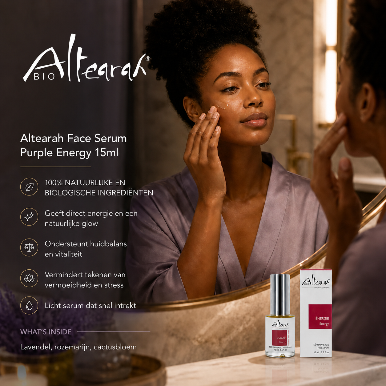 Altearah Royal Purple Energy Face Serum 15ml natuurlijk gezichtsserum voor vermoeide huid met o.a. lavendel en rozemarijn voor energie en glow