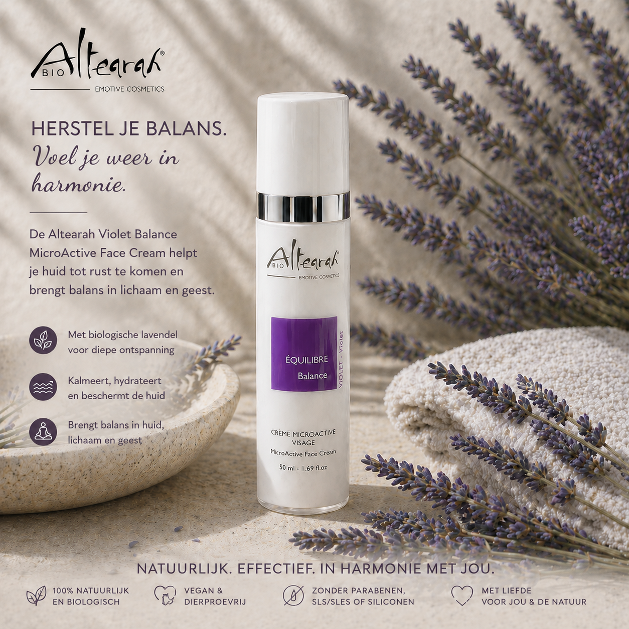 Altearah Violet Balance crème lavendel balans ontspanning huidverzorging met tekst afbeelding
