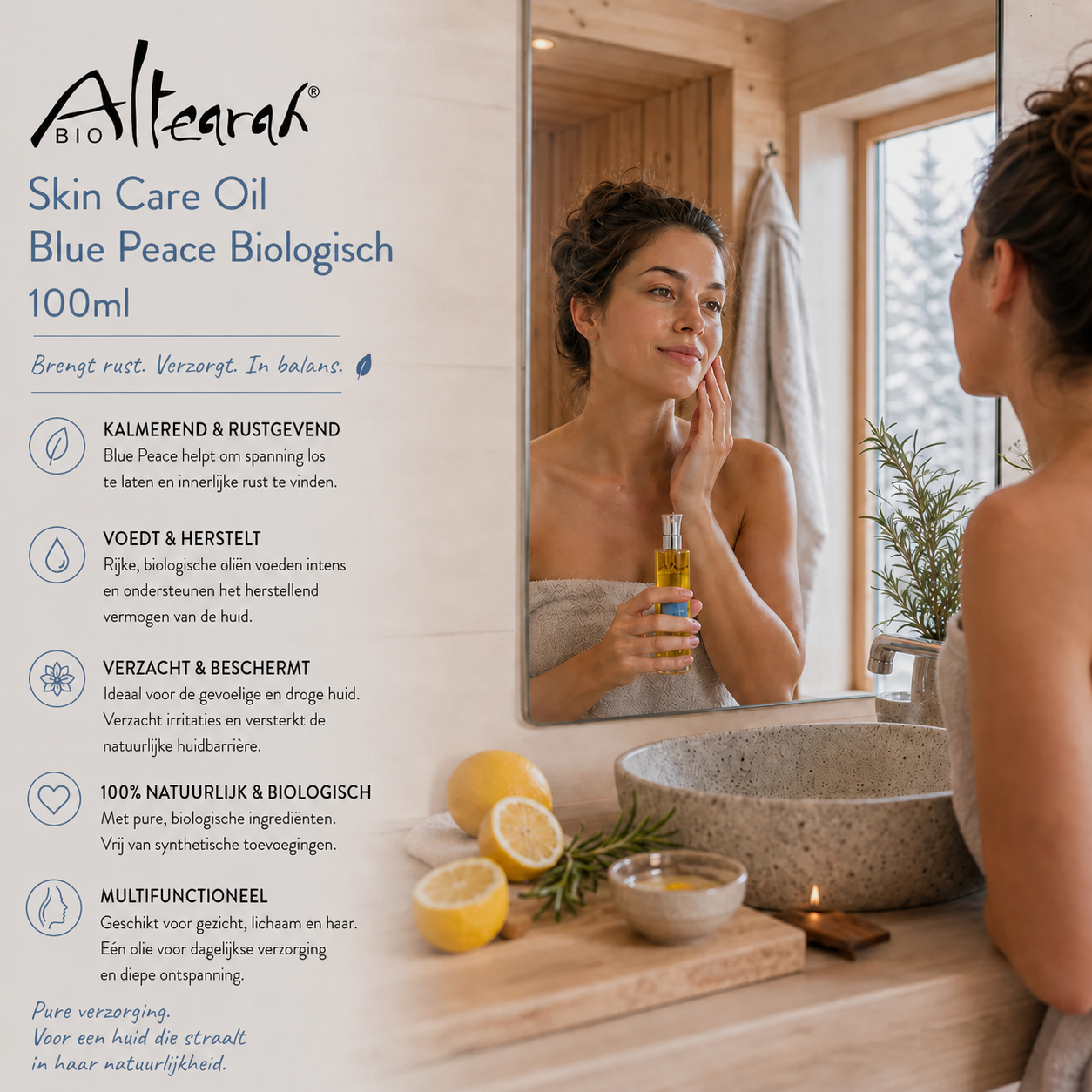 Altearah Blue Peace gezichtsolie 100 ml in Finse badkamer, kalmerende biologische huidolie voor rust en balans