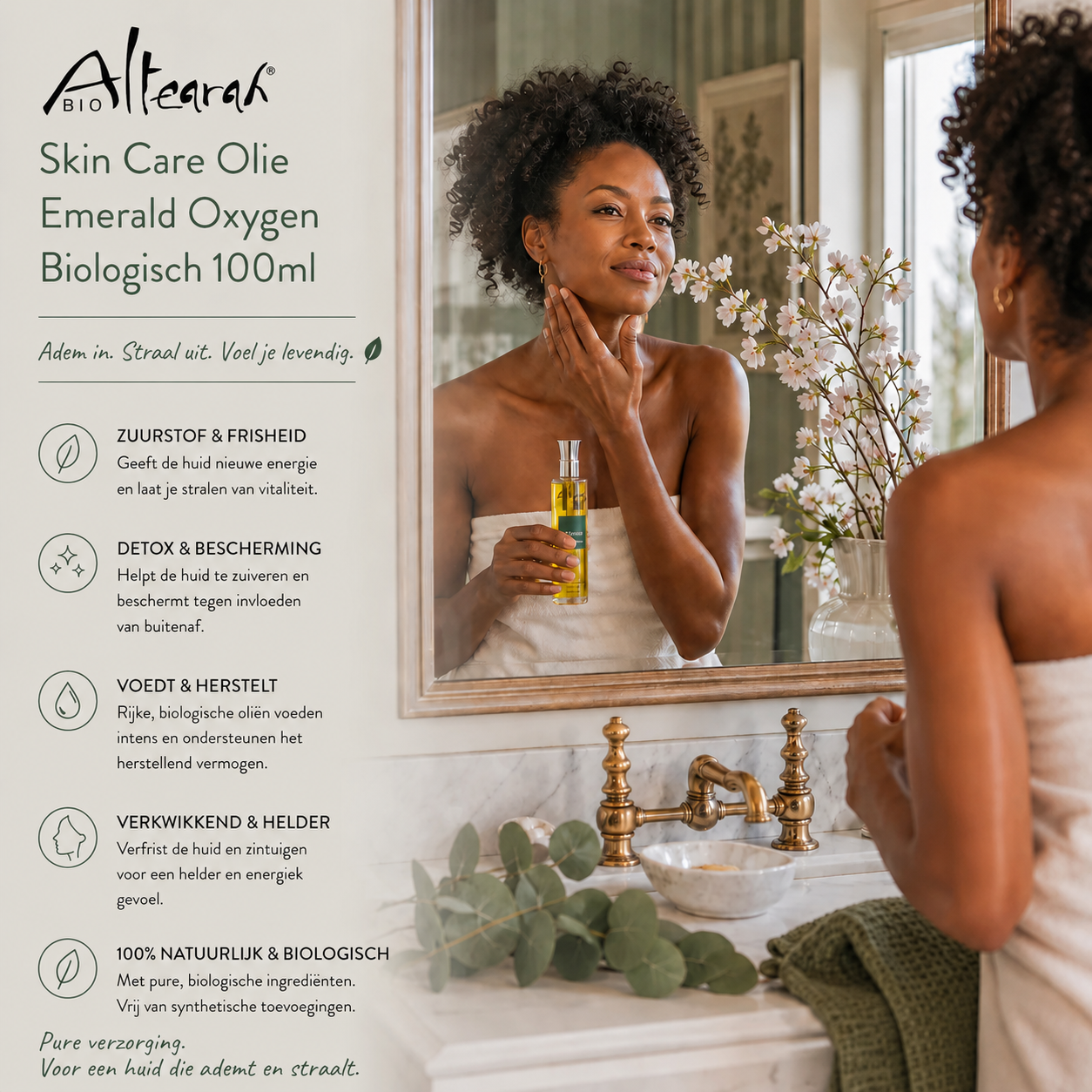 Altearah Emerald Oxygen gezichtsolie 100 ml in Hollandse badkamer, verfrissende biologische huidolie met eucalyptus en bloemen