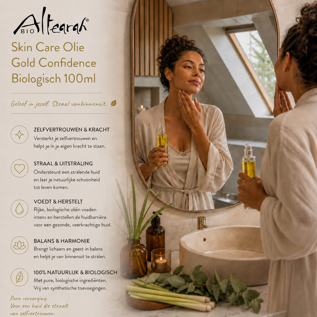 Altearah Gold Confidence gezichtsolie 100 ml in luxe badkamer, versterkt zelfvertrouwen en huidbalans
