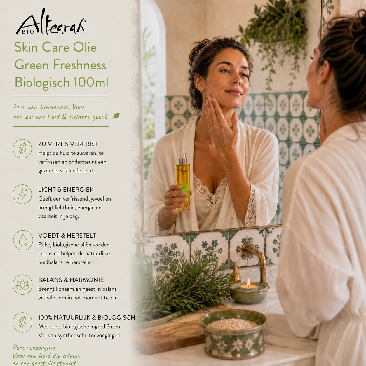 Altearah Green Freshness gezichtsolie 100 ml in Portugese badkamer, verfrissende biologische huidolie voor balans en energie