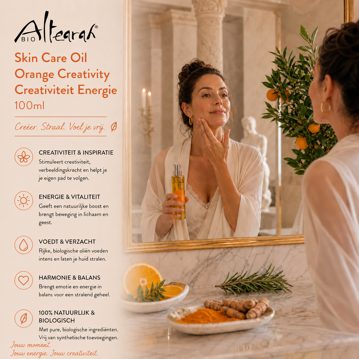 Altearah Orange Creativity gezichtsolie 100 ml in Romeinse badkamer, energiegevende biologische huidolie met citrus en kruiden