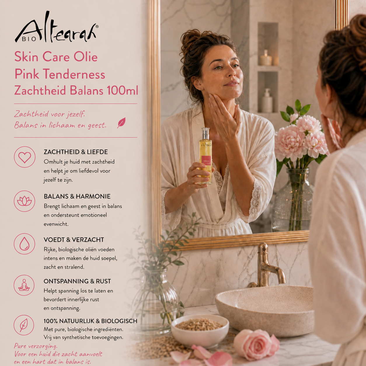 Altearah Pink Tenderness gezichtsolie 100 ml in zachte badkamer setting, kalmerende biologische huidolie voor balans en zachtheid