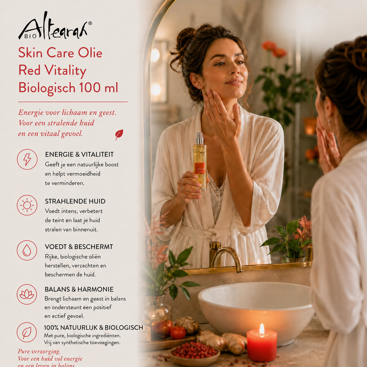 Altearah Red Vitality gezichtsolie 100 ml in luxe badkamer, stimulerende biologische huidolie voor energie en glow