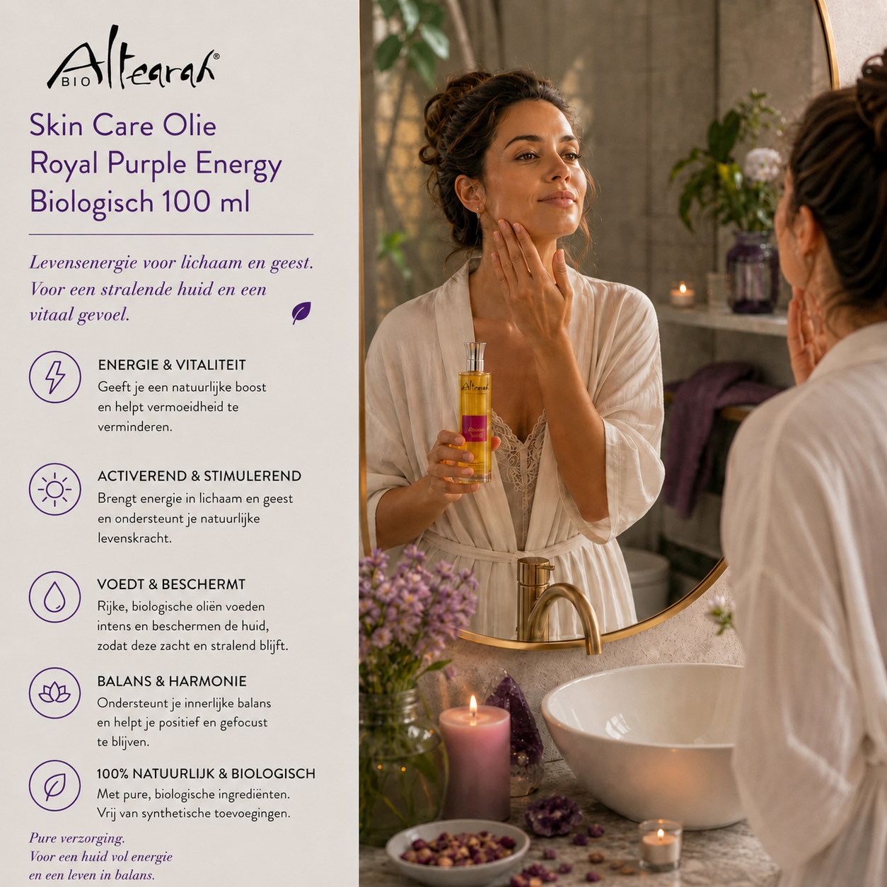 Altearah Royal Purple Energy gezichtsolie 100 ml in luxe badkamer, stimulerende biologische huidolie voor energie en balans
