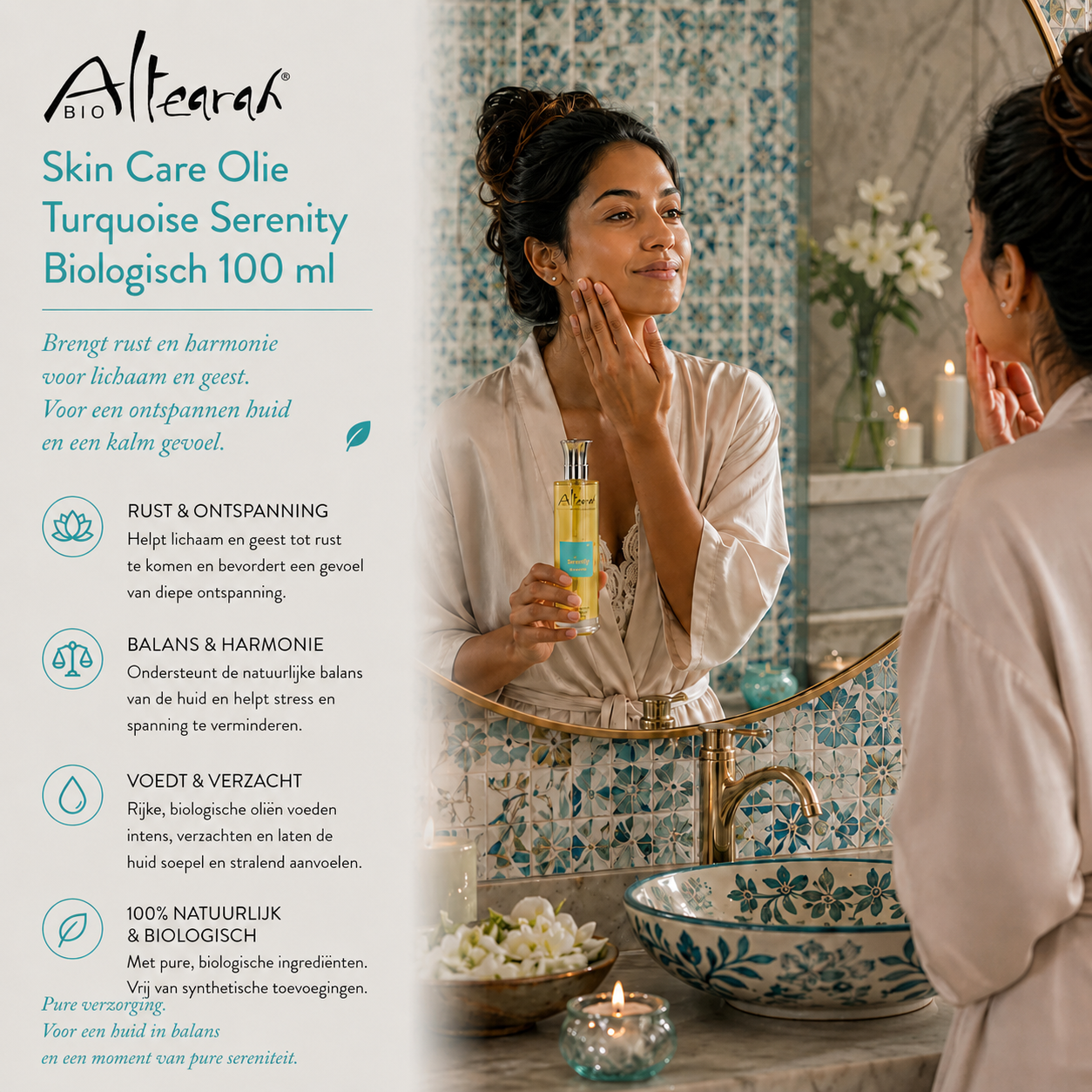 Altearah Turquoise Serenity gezichtsolie 100 ml in betegelde badkamer, kalmerende biologische huidolie voor rust en balans