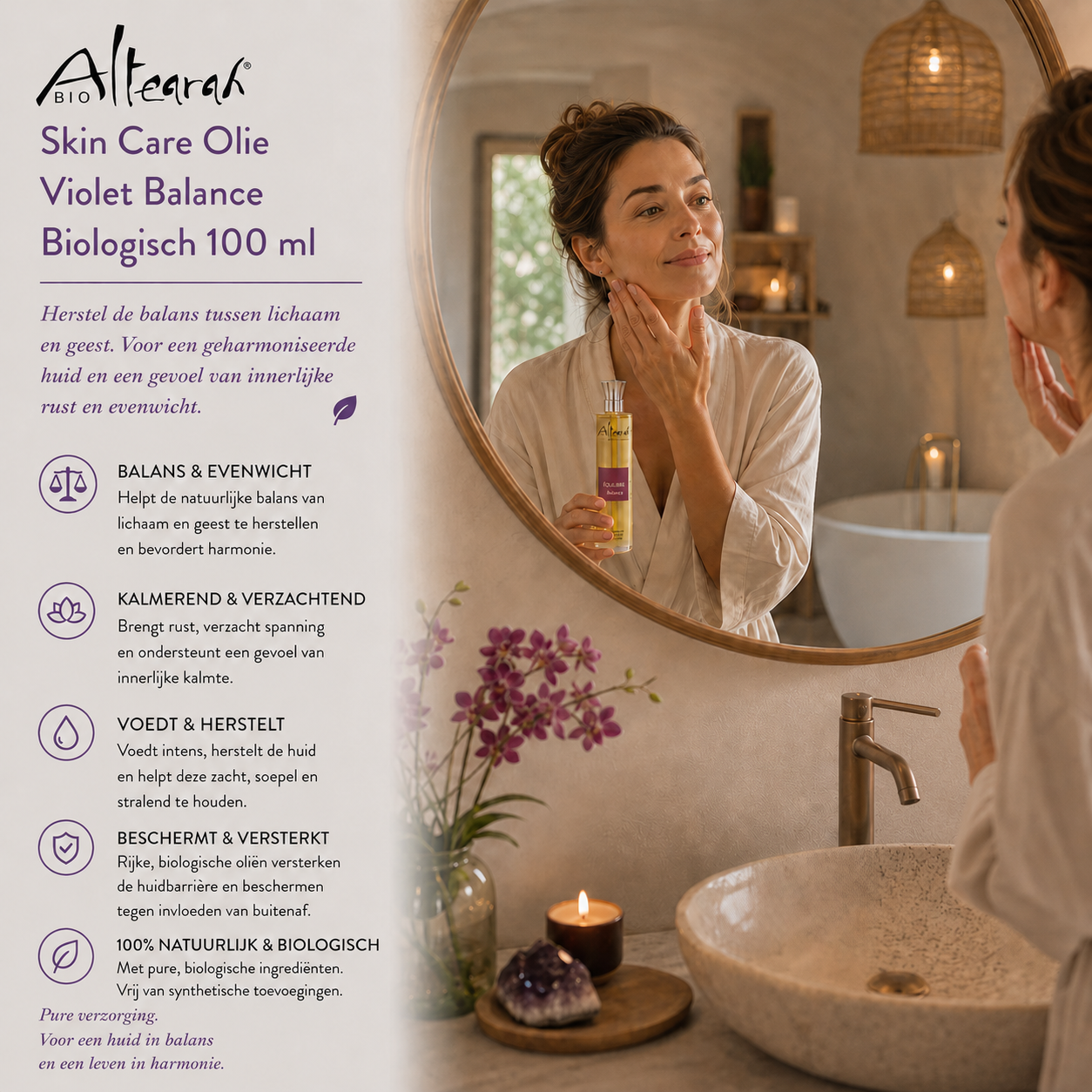 Altearah Violet Balance gezichtsolie 100 ml in warme badkamer, harmoniserende biologische huidolie voor balans en rust