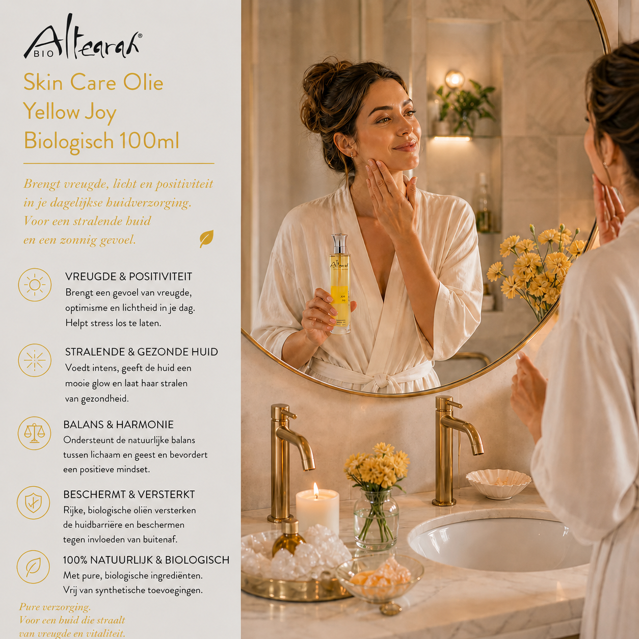 Altearah Yellow Joy gezichtsolie 100 ml in badkamer met dubbele wastafel, biologische huidolie voor glow, vreugde en balans