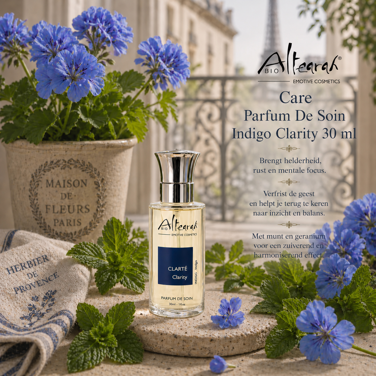 Altearah Indigo Clarity parfum de soin aromatherapie met munt en geranium en nog meer voor mentale helderheid rust en focus