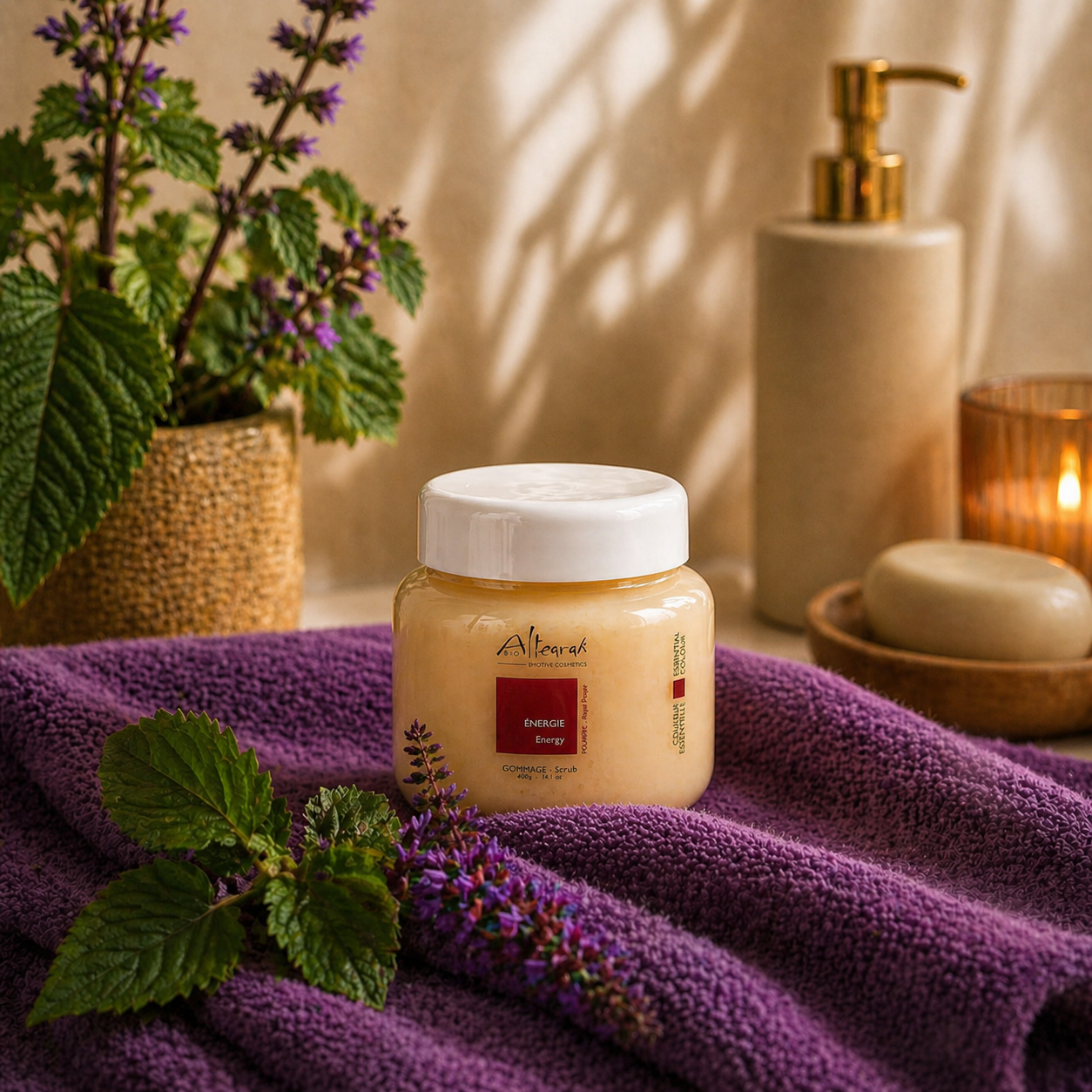 Altearah Royal Purple Energy lichaamsscrub met patchouli op paarse handdoek in warme spa setting