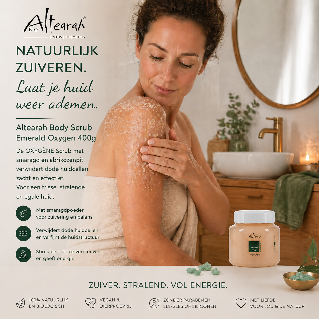 Altearah Emerald Oxygen scrub vrouw huidverzorging badkamer zuiverend stralend effec